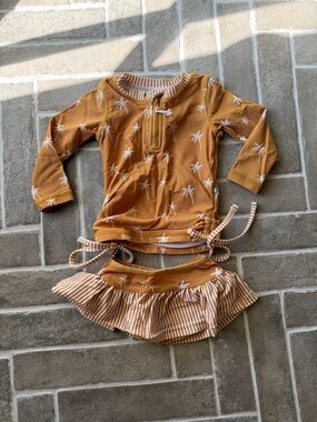 Caden Lane Kids Two-Piece Rashguard Set in Mustard with White Palm Print